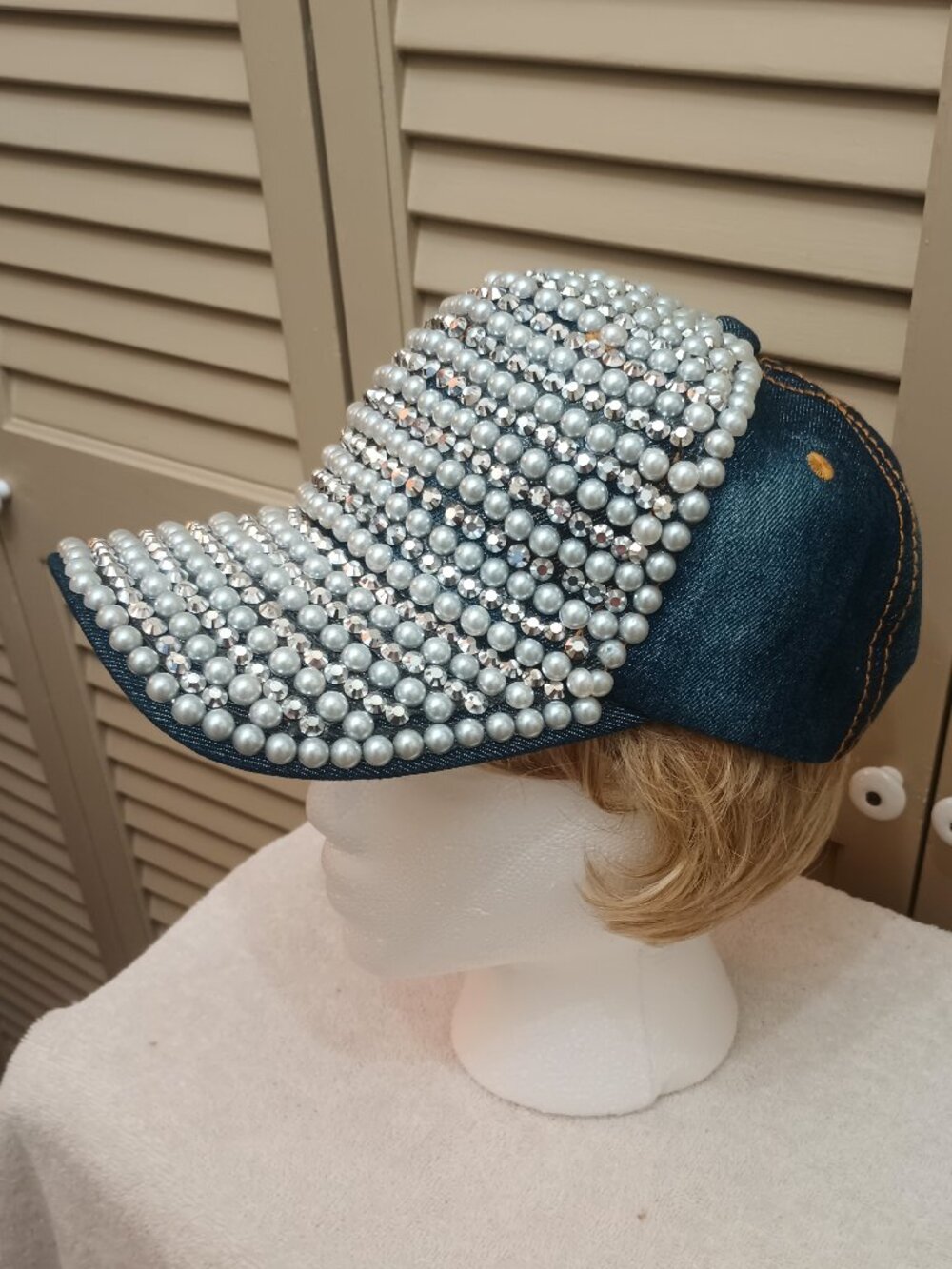 Denim BLING Baseball Hat Faux Pearls and Rhinestones.